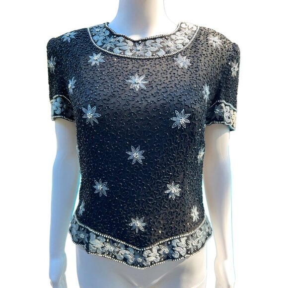 Vintage Black Beaded & Silver Floral Embroidered Short-Sleeve Top With Intricate - Picture 8 of 12